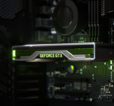 Top view of an NVIDIA graphics card on a motherboard, with GeForce GTX logo illuminated
